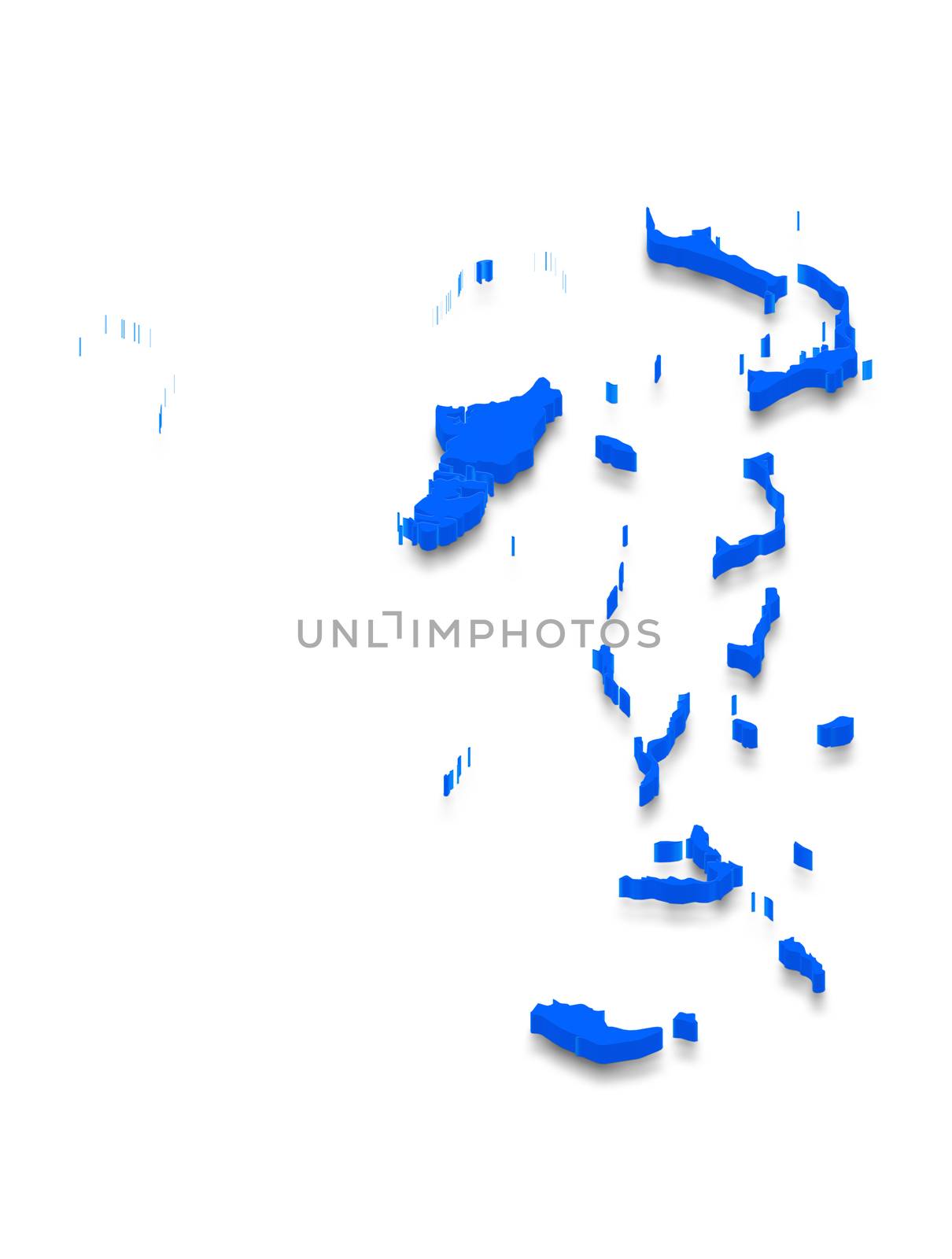 Illustration of a blue ground map of Bahamas on white isolated background. Left 3D isometric perspective projection.