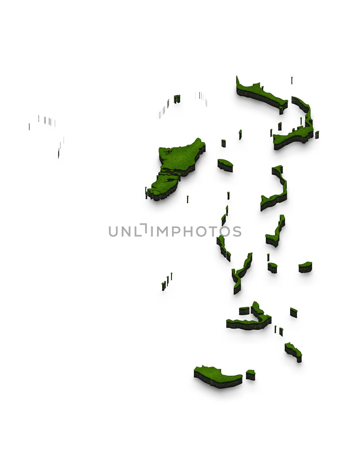 Illustration of a green ground map of Bahamas on white isolated background. Left 3D isometric perspective projection.
