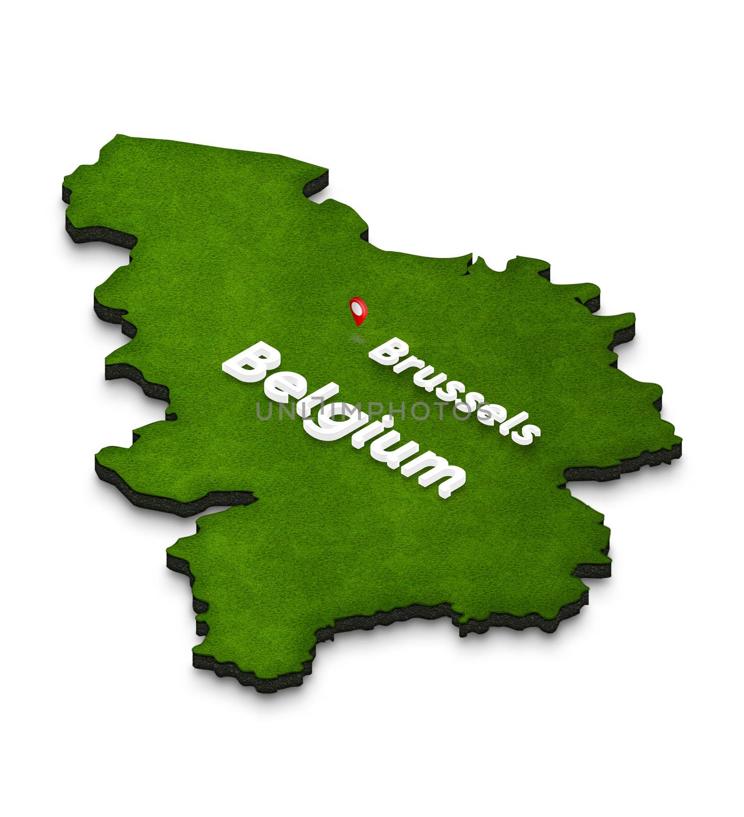 Illustration of a green ground map of Belgium on white isolated background. Left 3D isometric perspective projection with the name of country and capital Brussels.