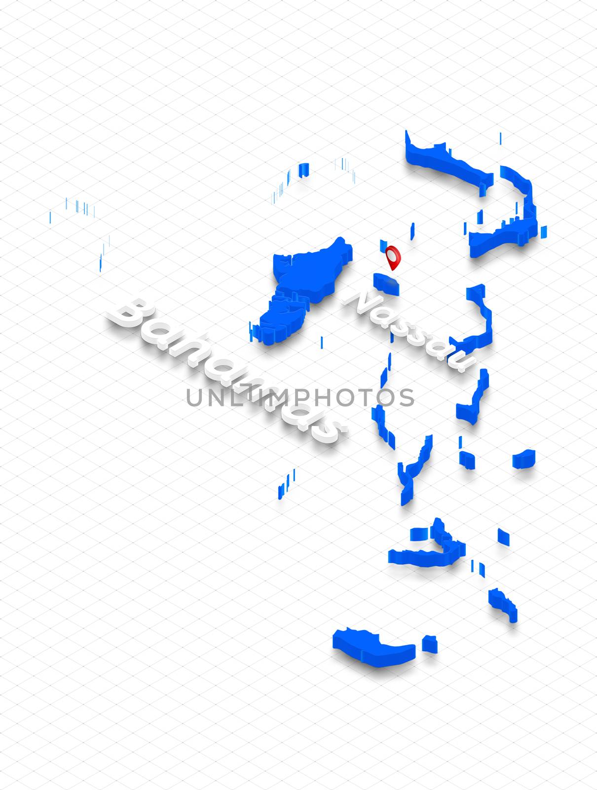 Illustration of a blue ground map of Bahamas on grid background. Left 3D isometric perspective projection with the name of country and capital Nassau.