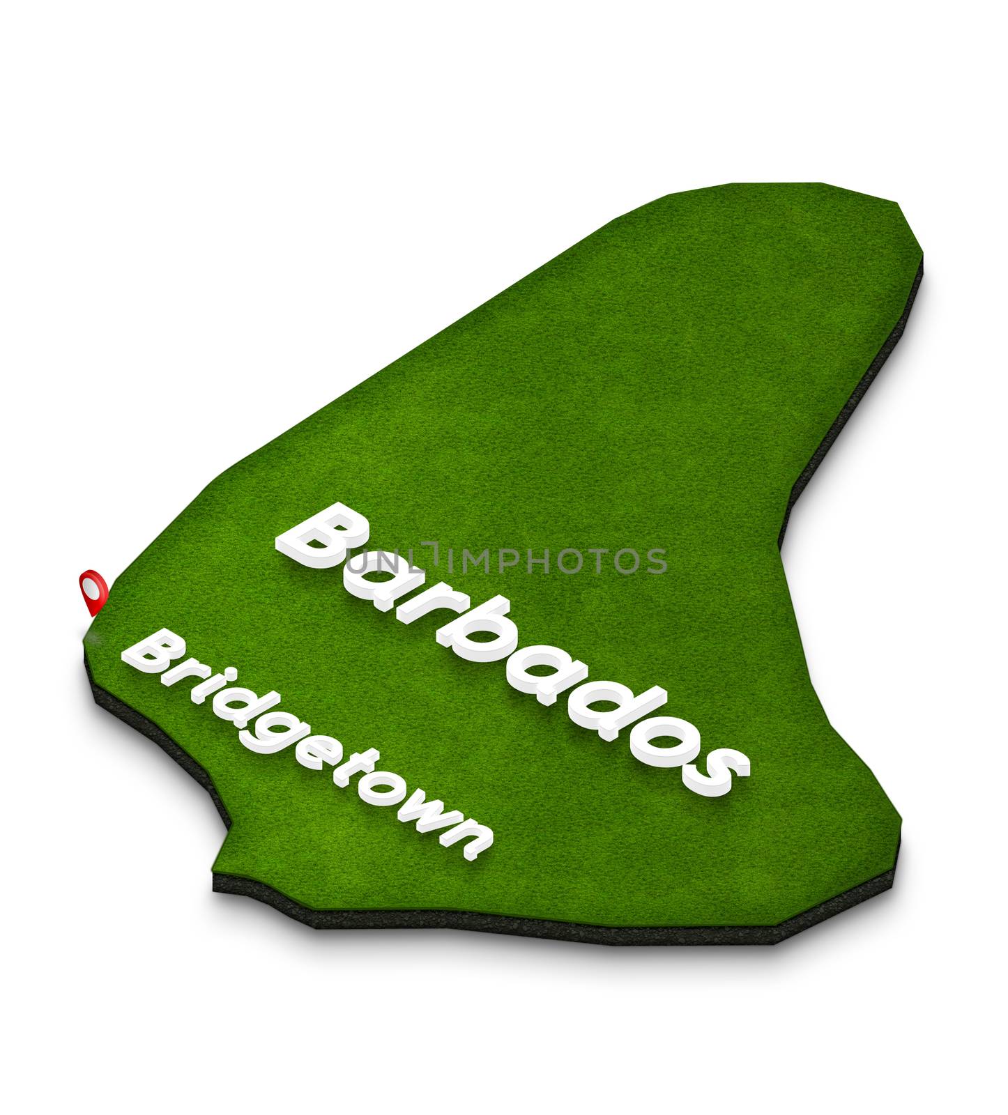 Illustration of a green ground map of Barbados on white isolated background. Left 3D isometric perspective projection with the name of country and capital Bridgetown.