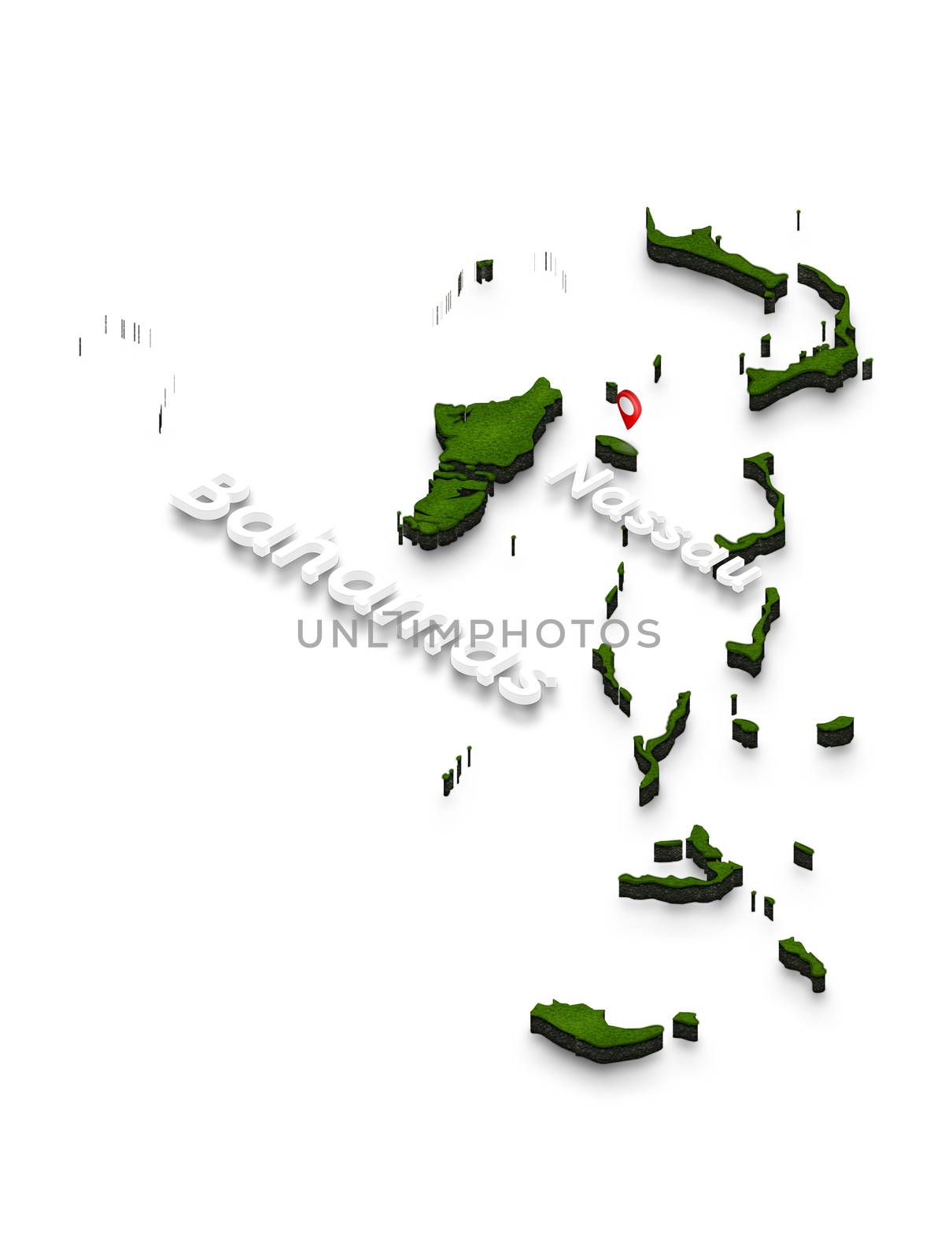 Illustration of a green ground map of Bahamas on white isolated background. Left 3D isometric perspective projection with the name of country and capital Nassau.