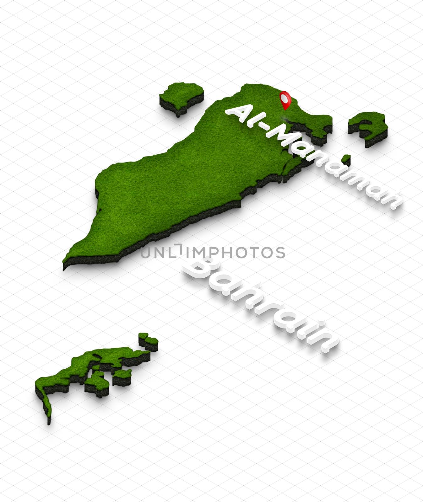 Illustration of a green ground map of Bahrain on grid background. Left 3D isometric perspective projection with the name of country and capital Al-Manamah.