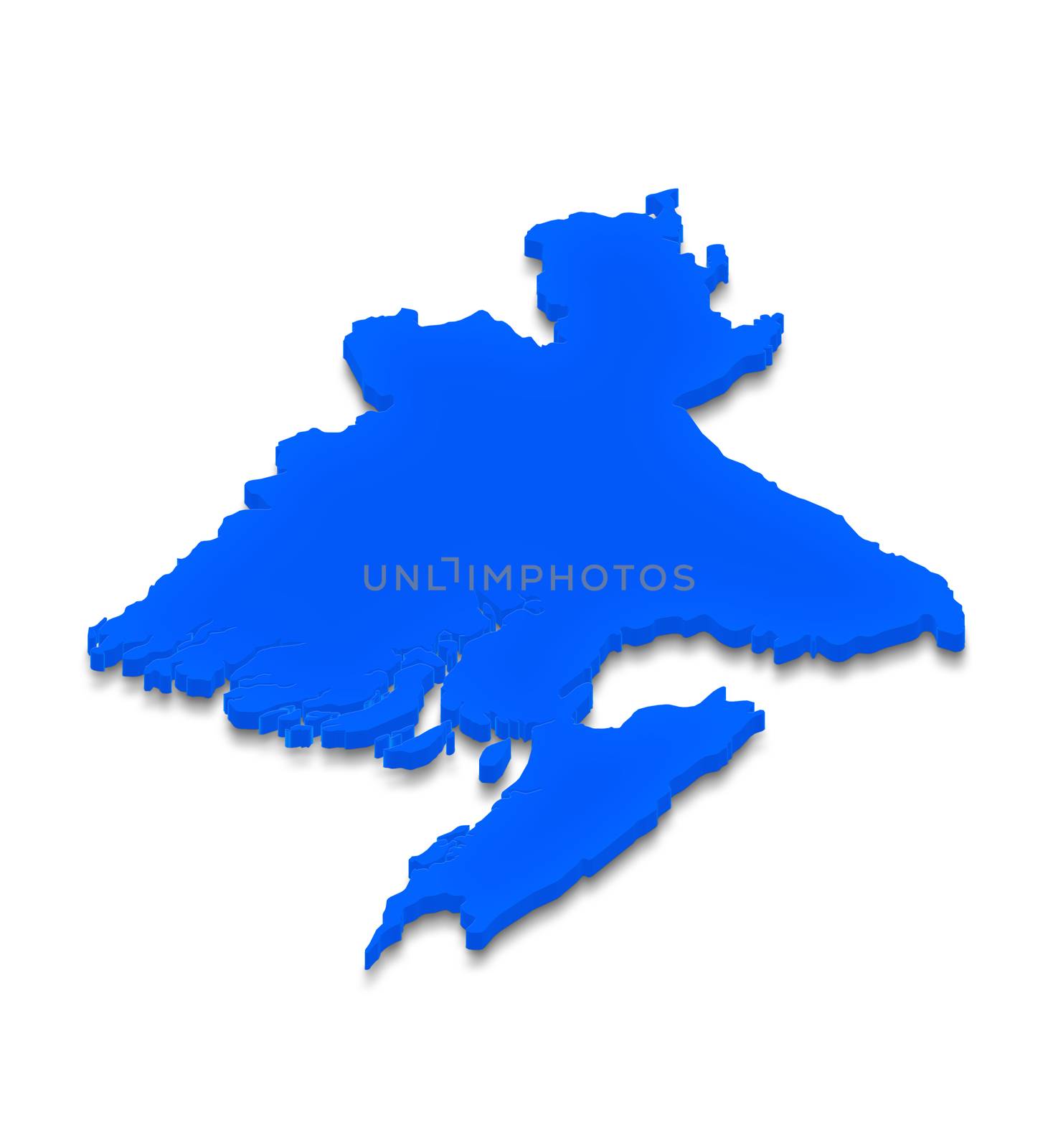 Illustration of a blue ground map of Bangladesh on white isolated background. Left 3D isometric perspective projection.