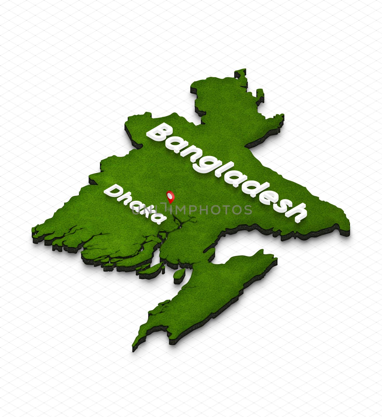 Illustration of a green ground map of Bangladesh on grid background. Left 3D isometric perspective projection with the name of country and capital Dhaka.