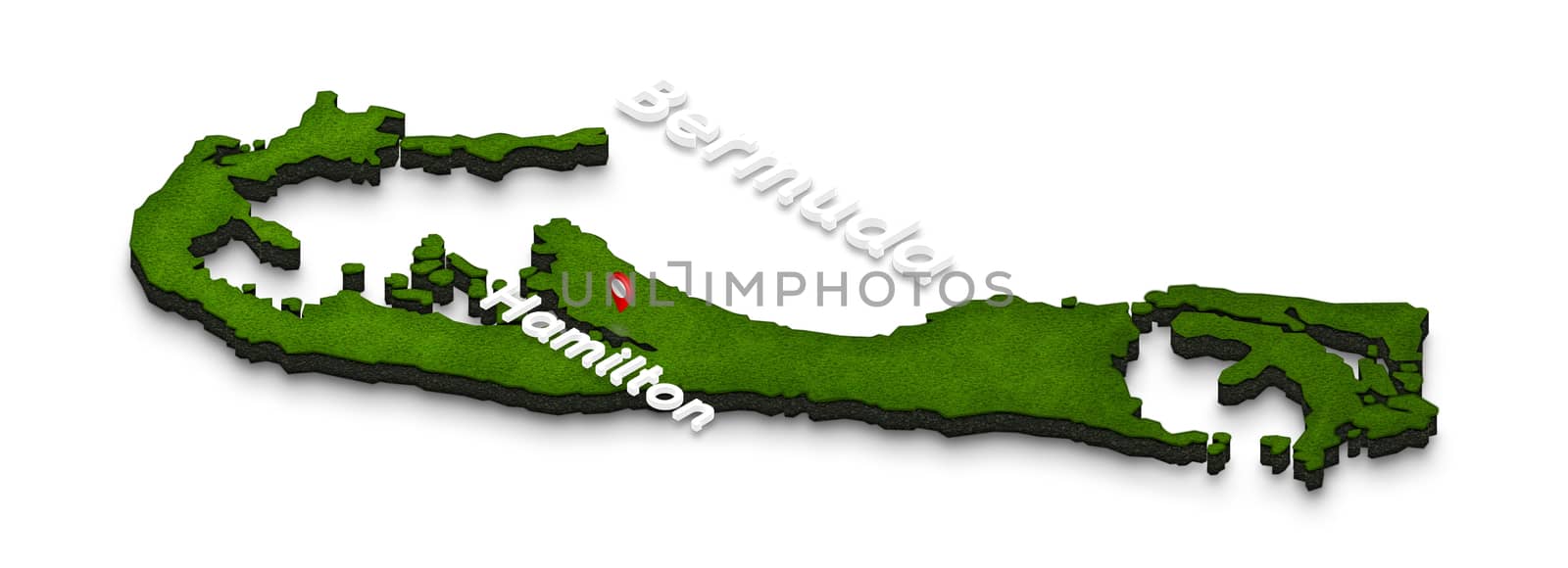 Illustration of a green ground map of Bermuda on white isolated background. Left 3D isometric perspective projection with the name of country and capital Hamilton.