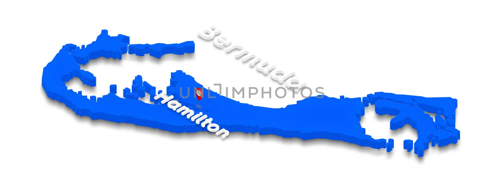 Illustration of a blue ground map of Bermuda on white isolated background. Left 3D isometric perspective projection with the name of country and capital Hamilton.