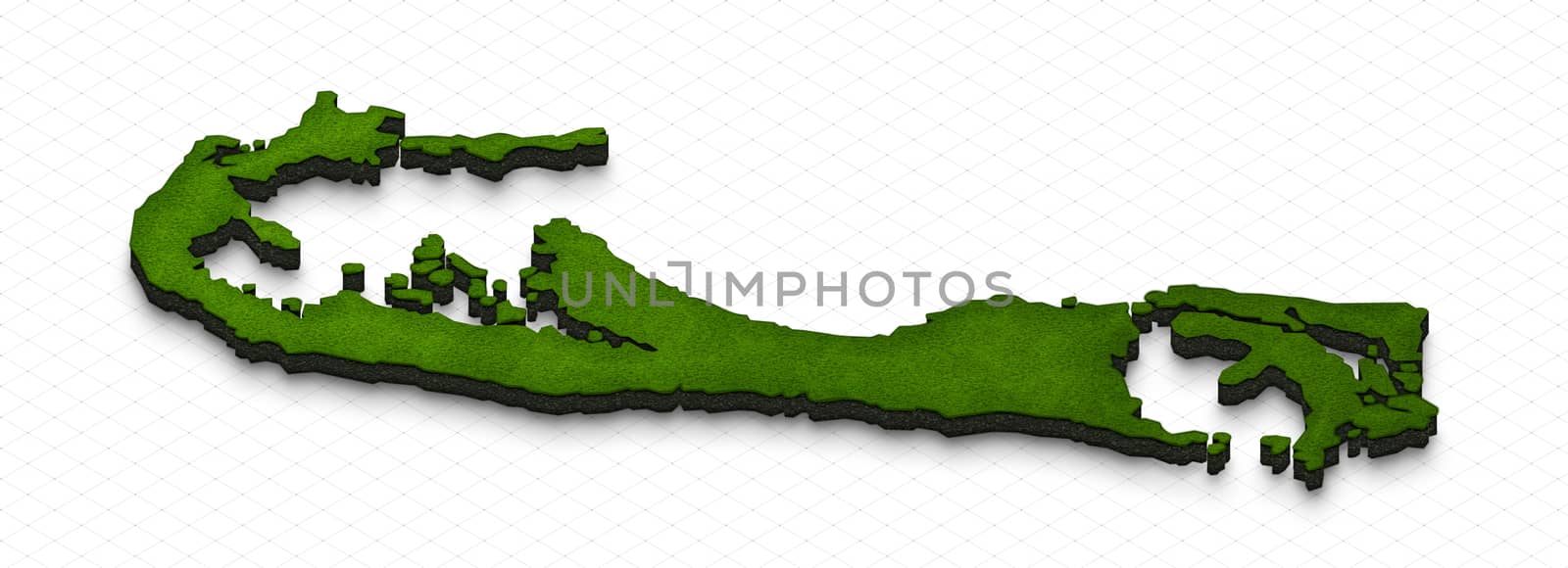 Illustration of a green ground map of Bermuda on grid background. Left 3D isometric perspective projection.