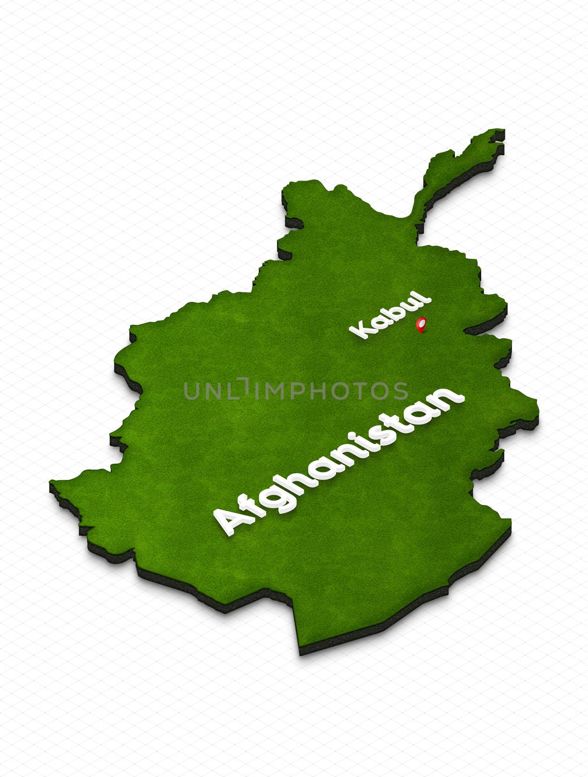 Illustration of a green ground map of Afghanistan on grid background. Right 3D isometric perspective projection with the name of country and capital Kabul.