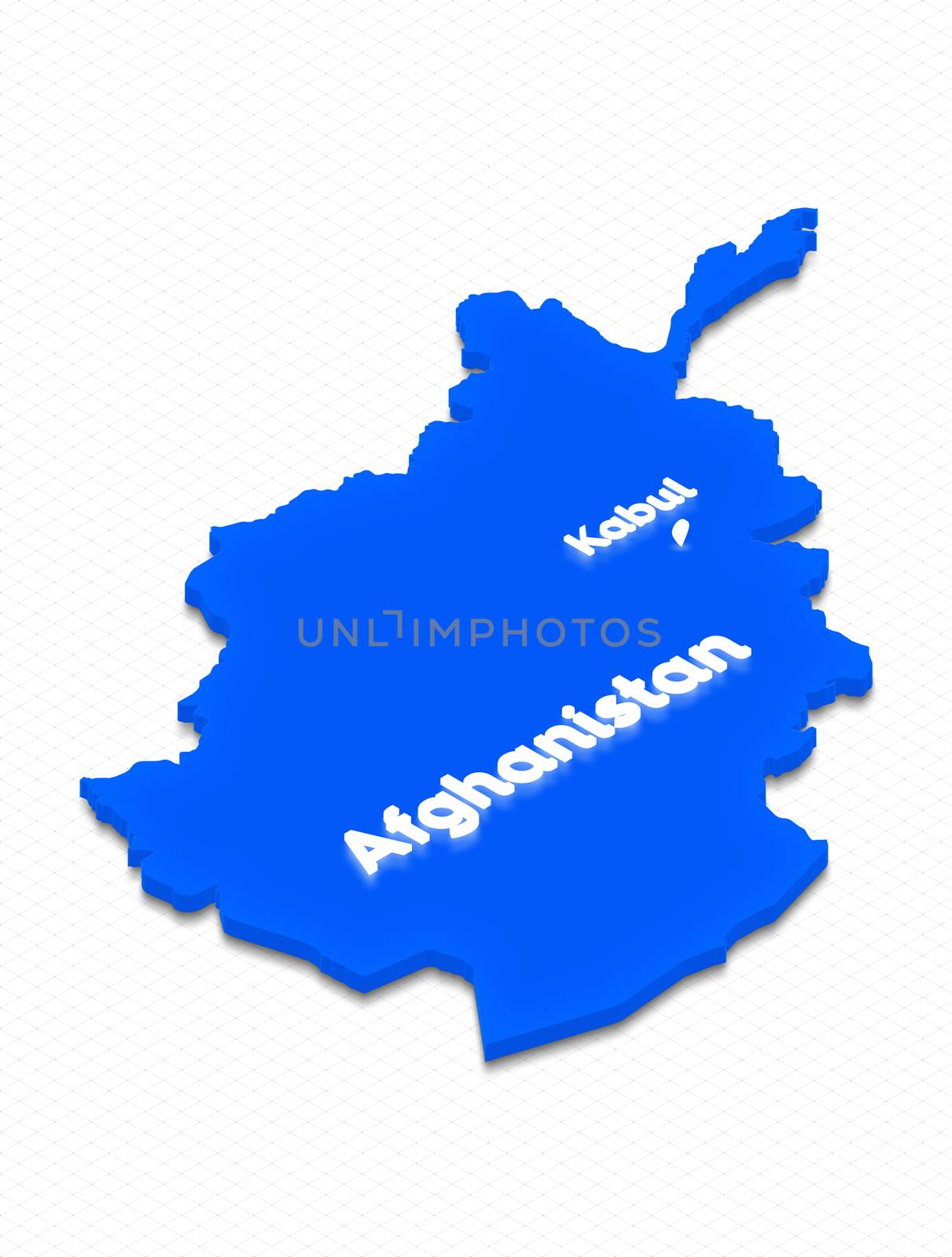 Illustration of a blue ground map of Afghanistan on grid background. Right 3D isometric perspective projection with the lighting name of country and capital Kabul.