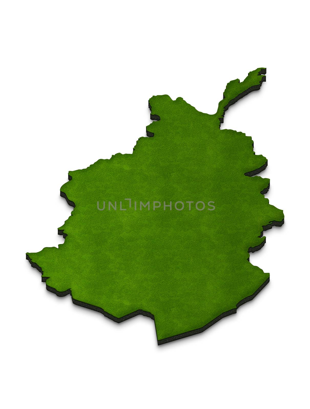 Illustration of a green ground map of Afghanistan on isolated background. Right 3D isometric perspective projection.