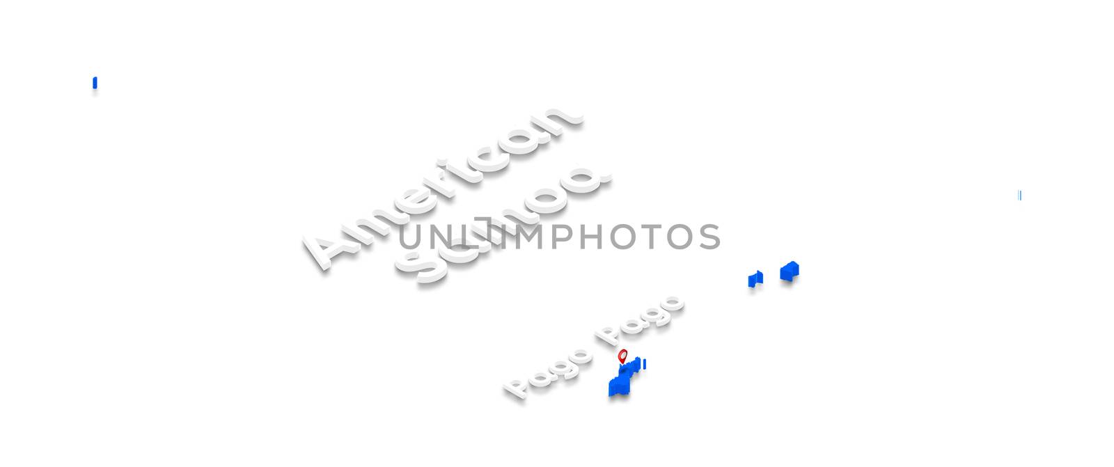 Illustration of a blue ground map of American Samoa on white isolated background. Right 3D isometric perspective projection with the name of country and capital Pago Pago.