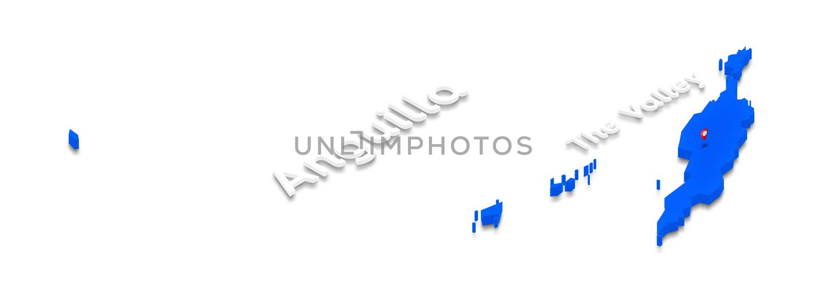 Illustration of a blue ground map of Anguilla on white isolated background. Right 3D isometric perspective projection with the name of country and capital The Valley
