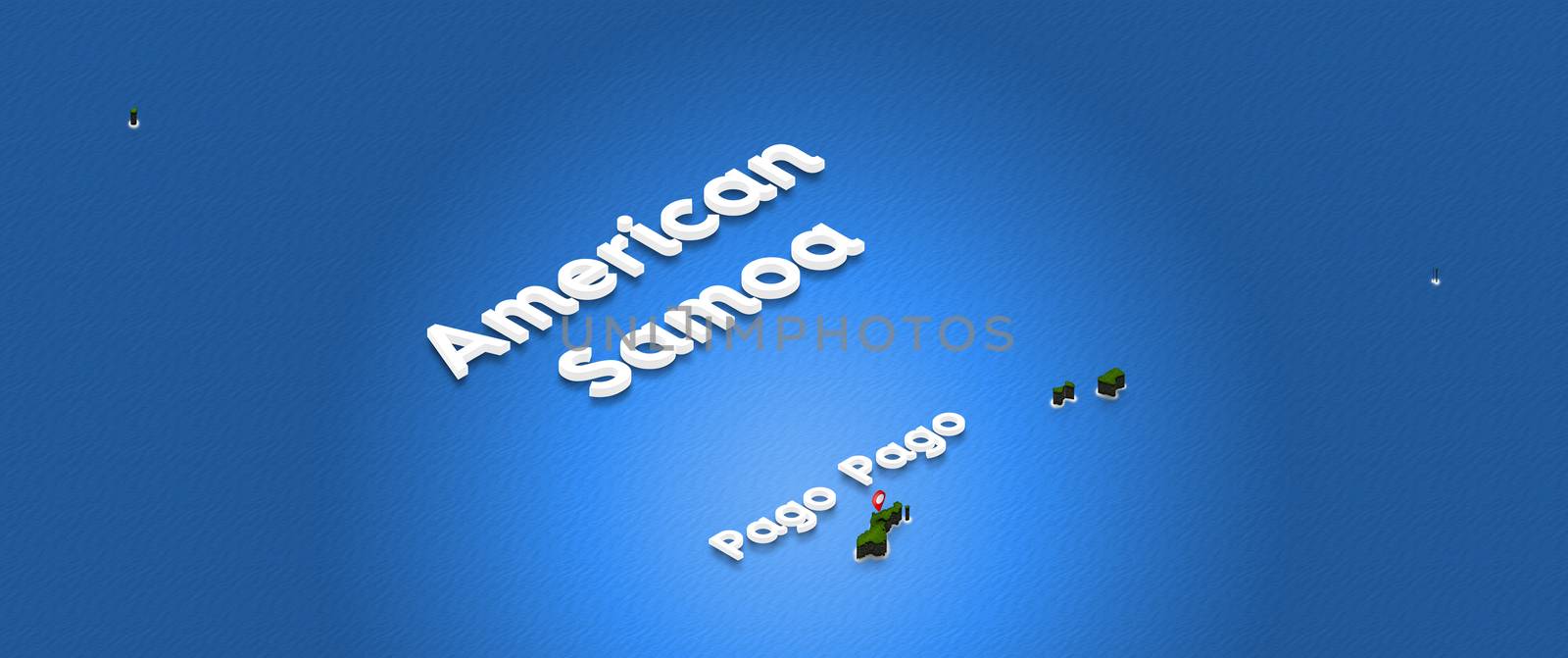 Illustration of a green ground map of American Samoa on water background. Right 3D isometric perspective projection with the name of country and capital Pago Pago.