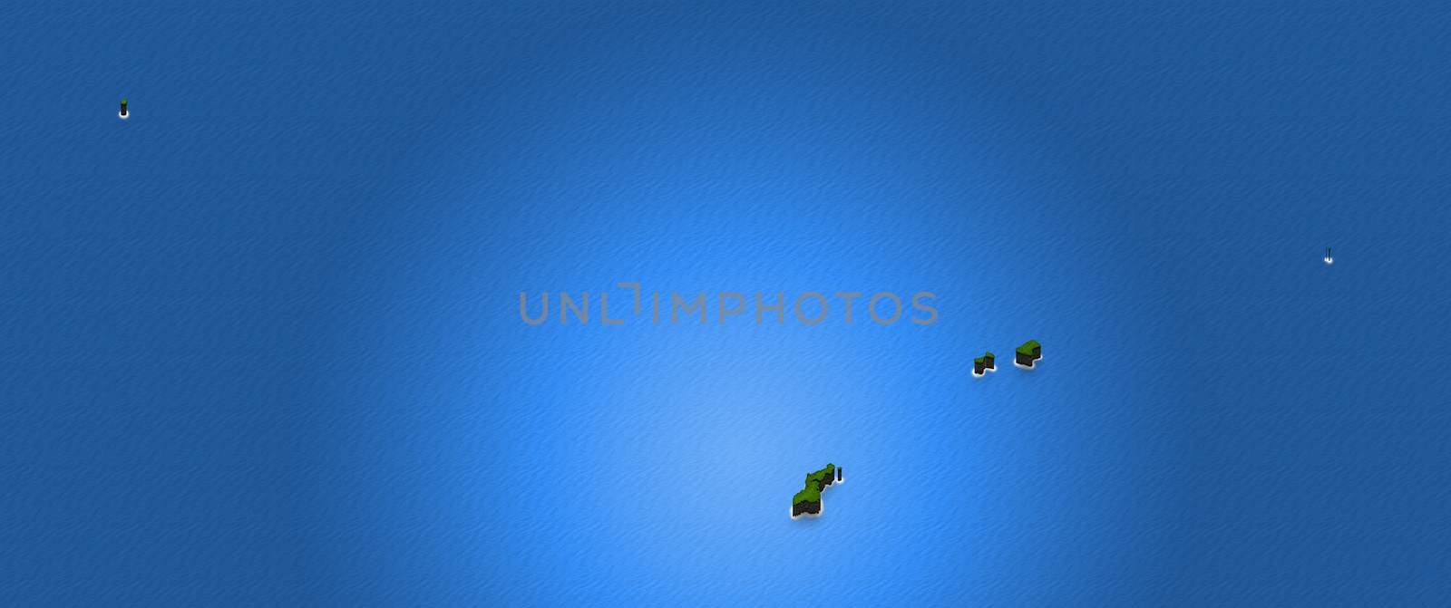 Illustration of a green ground map of American Samoa on water background. Right 3D isometric perspective projection.