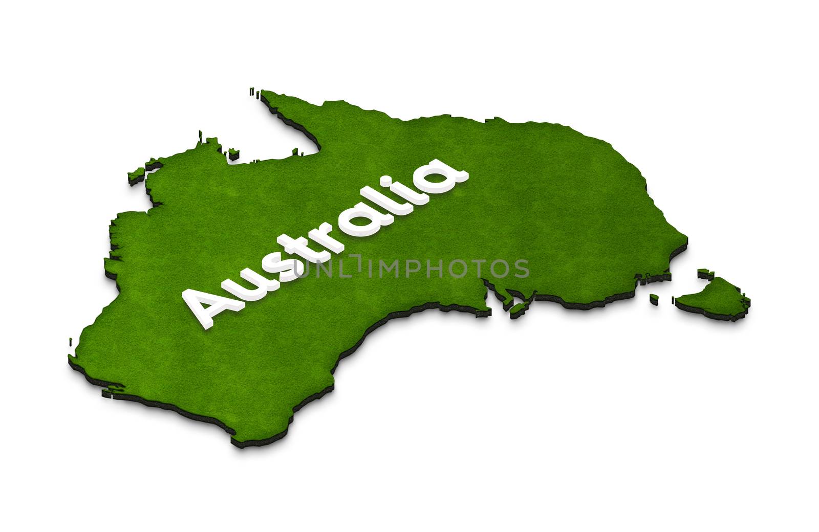 Illustration of a green ground map of Australia on isolated background. Right 3D isometric projection with the name of continent.
