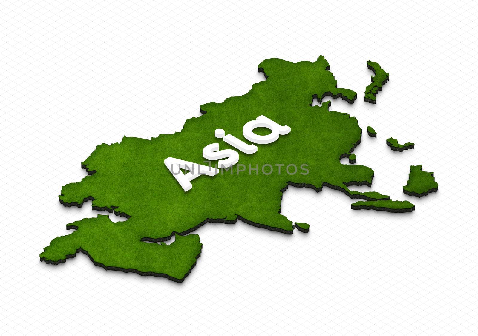 Illustration of a green ground map of Asia on grid background. Right 3D isometric projection with the name of continent.