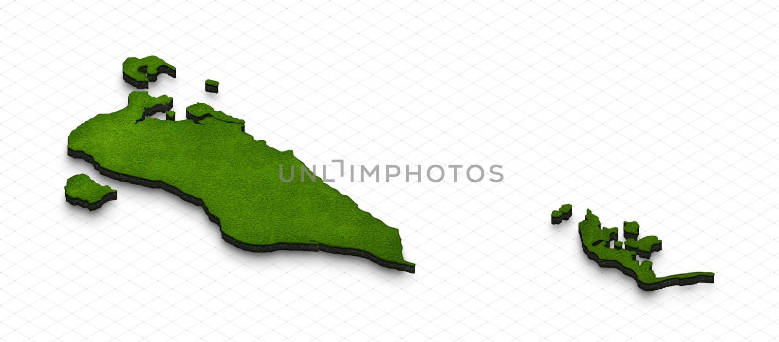 Illustration of a green ground map of Bahrain on grid background. Right 3D isometric perspective projection.
