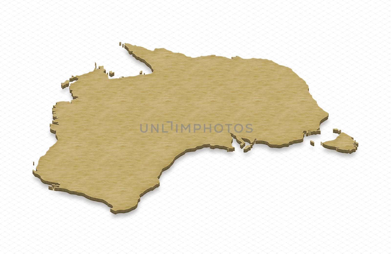 Illustration of a sand ground map of Australia on grid background. Right 3D isometric projection.