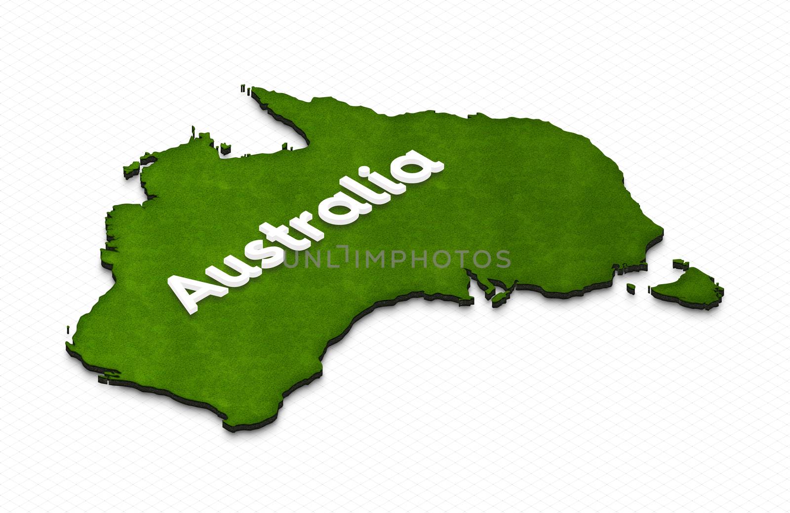 Illustration of a green ground map of Australia on grid background. Right 3D isometric projection with the name of continent.