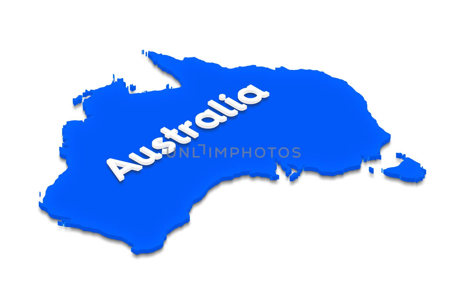 Illustration of a blue ground map of Australia on isolated background. Right 3D isometric projection with the name of continent.
