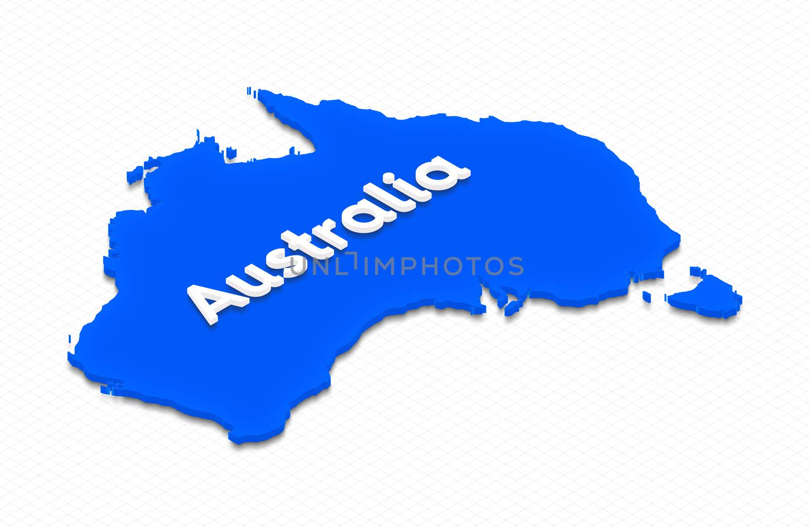 Illustration of a blue ground map of Australia on grid background. Right 3D isometric projection with the name of continent.