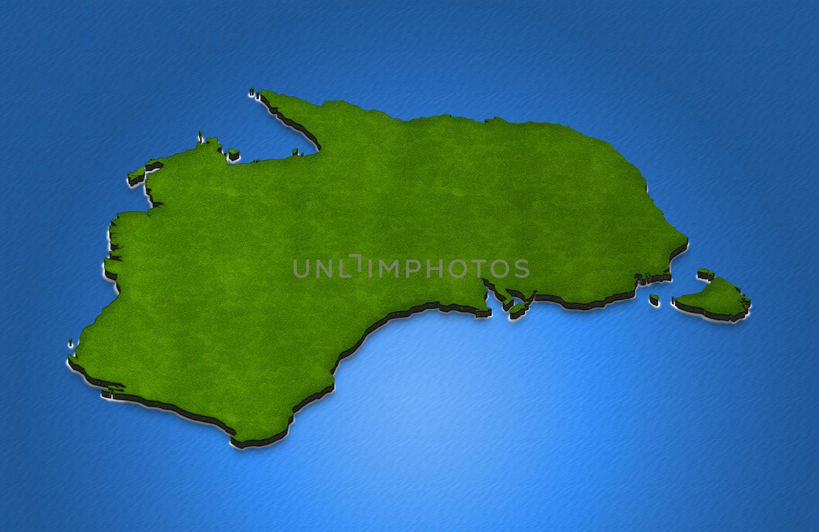 Illustration of a green ground map of Australia on water background. Right 3D isometric projection.