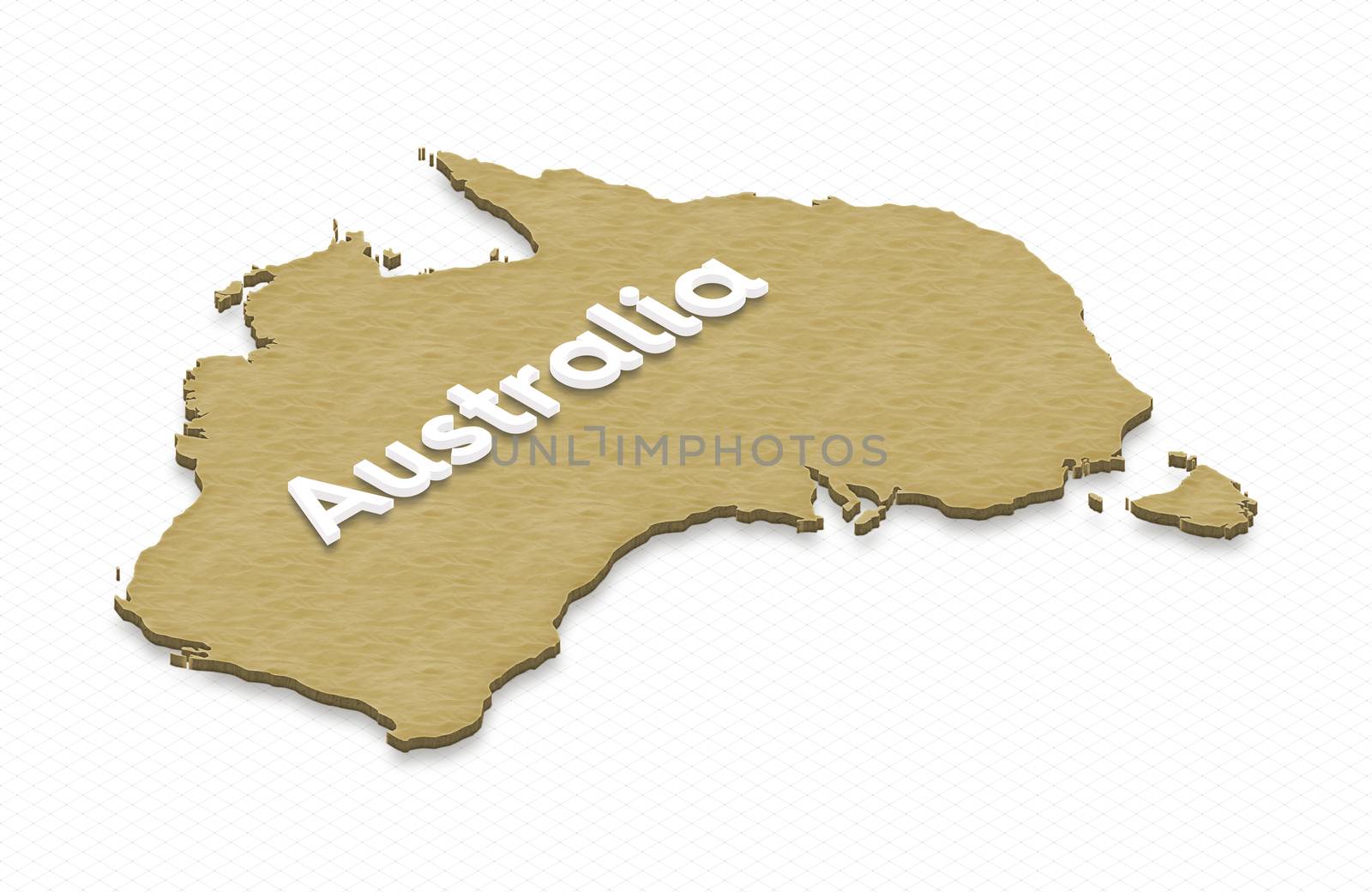 Illustration of a sand ground map of Australia on grid background. Right 3D isometric projection with the name of continent.