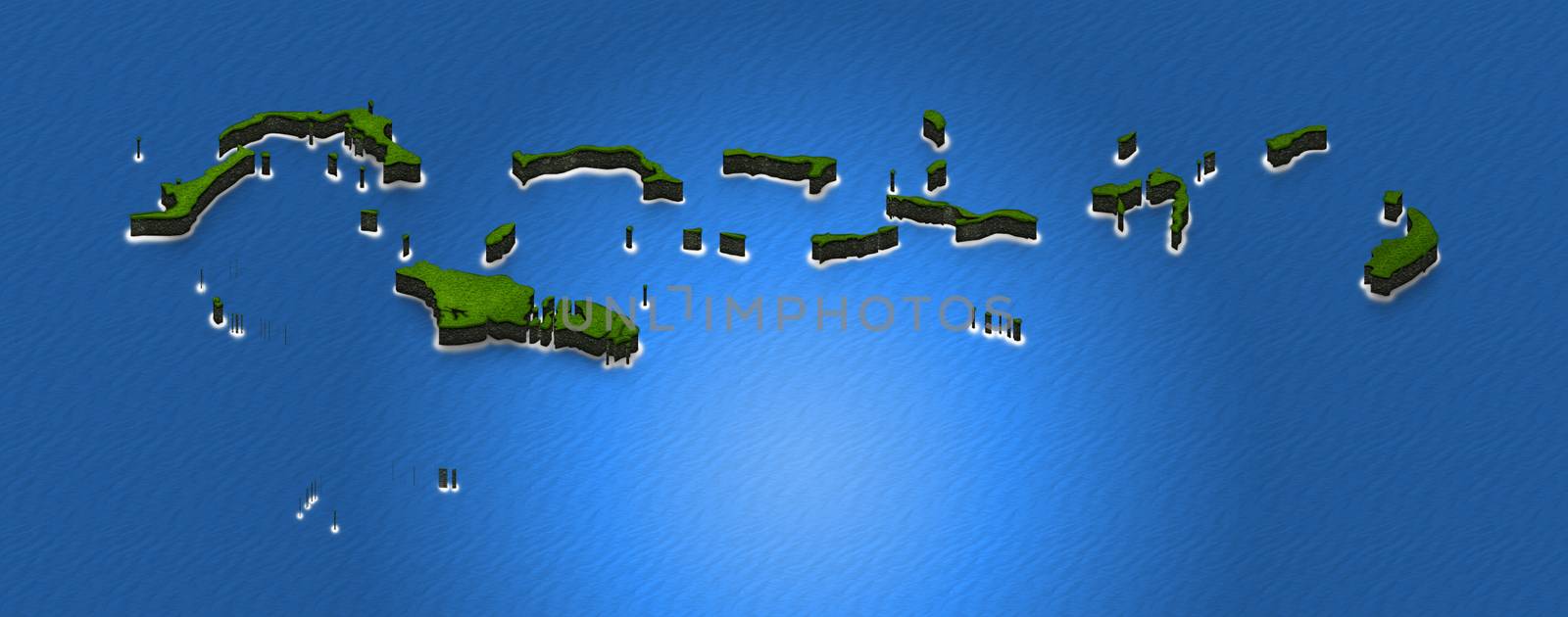 Illustration of a green ground map of Bahamas on water background. Right 3D isometric perspective projection.