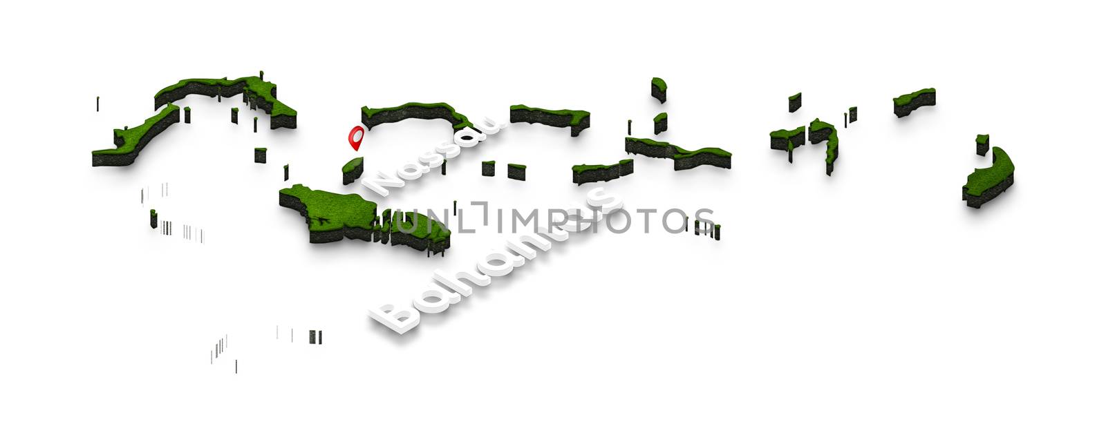 Illustration of a green ground map of Bahamas on white isolated background. Right 3D isometric perspective projection with the name of country and capital Nassau.