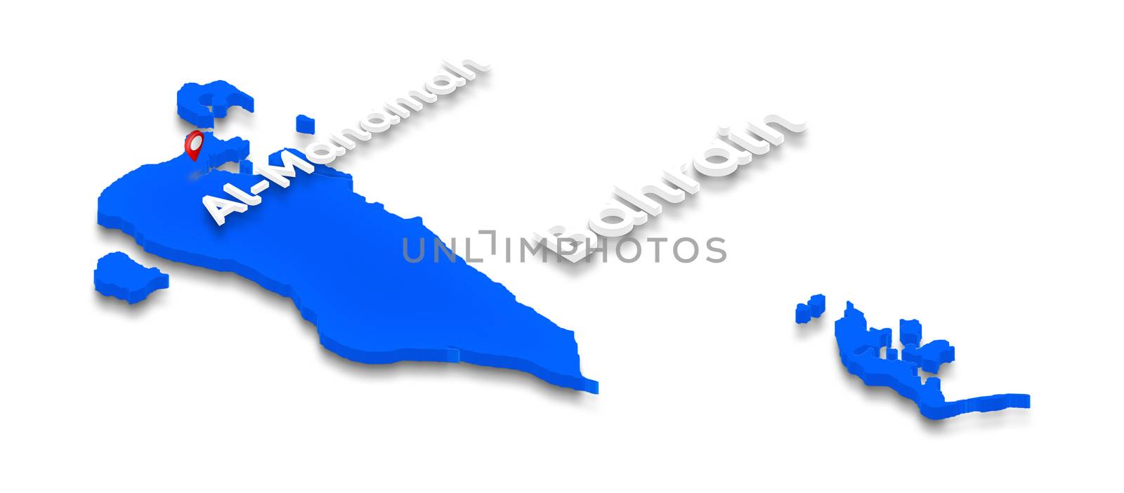 Illustration of a blue ground map of Bahrain on white isolated background. Right 3D isometric perspective projection with the name of country and capital Al-Manamah.