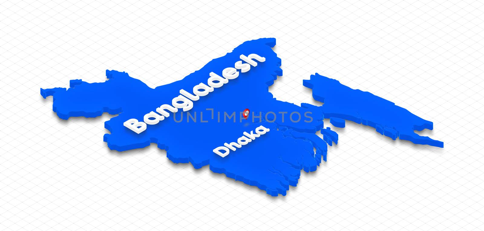 Illustration of a blue ground map of Bangladesh on grid background. Right 3D isometric perspective projection with the name of country and capital Dhaka.