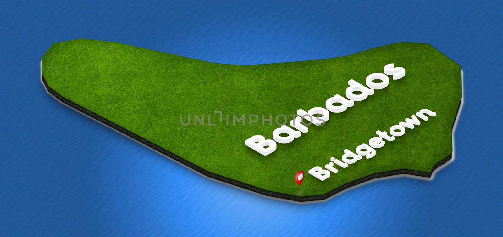 Illustration of a green ground map of Barbados on water background. Right 3D isometric perspective projection with the name of country and capital Bridgetown.