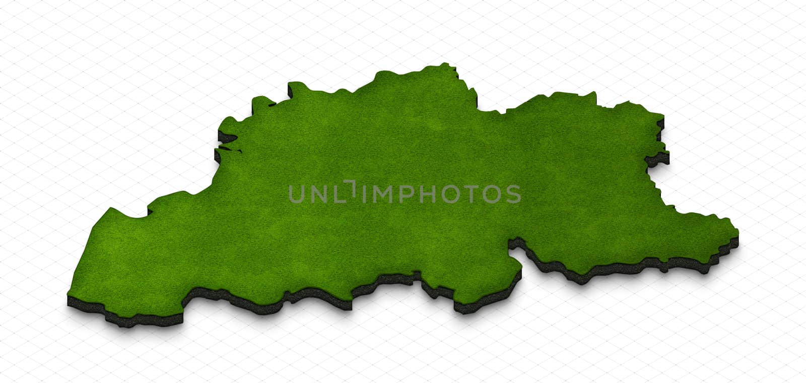 Illustration of a green ground map of Belgium on grid background. Right 3D isometric perspective projection.