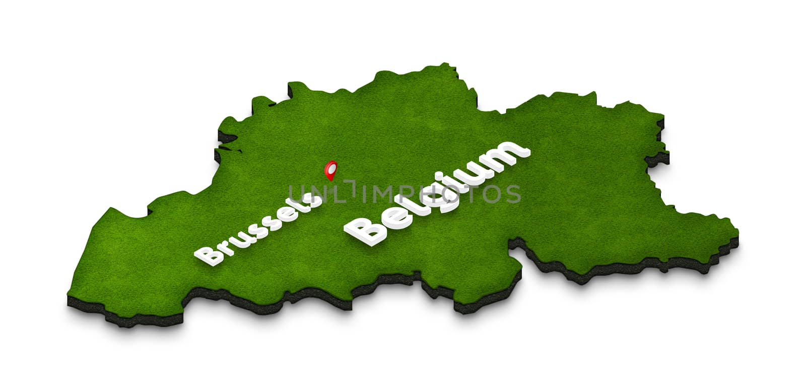 Illustration of a green ground map of Belgium on white isolated background. Right 3D isometric perspective projection with the name of country and capital Brussels.