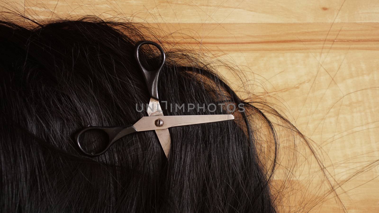 Wig and scissors - bright black wig - hairstyle background