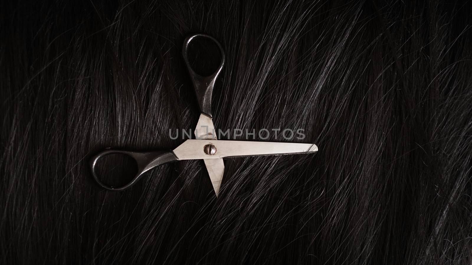 Wig and scissors - bright black wig - hairstyle background