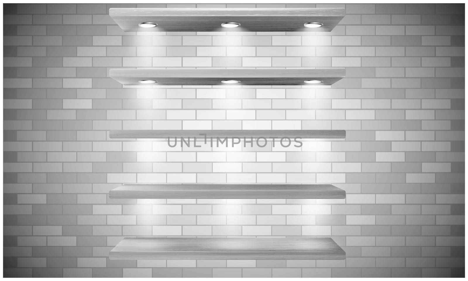 mock up illustration of wall shelves on wooden brick background by aanavcreationsplus