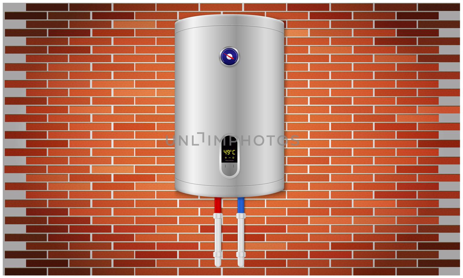 mock up illustration of kitchen water heater on red brick wall background by aanavcreationsplus