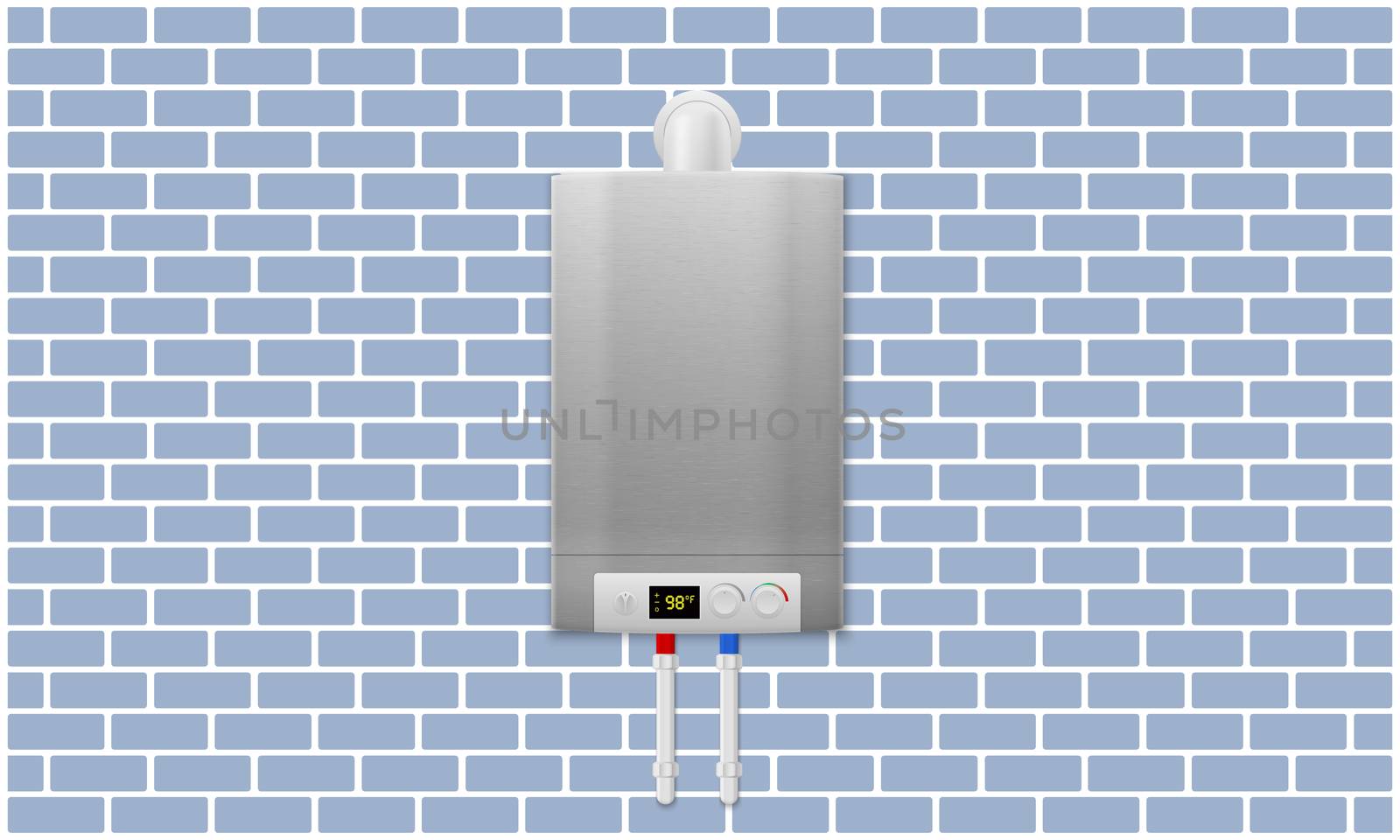 mock up illustration of digital water heater on brick wall background