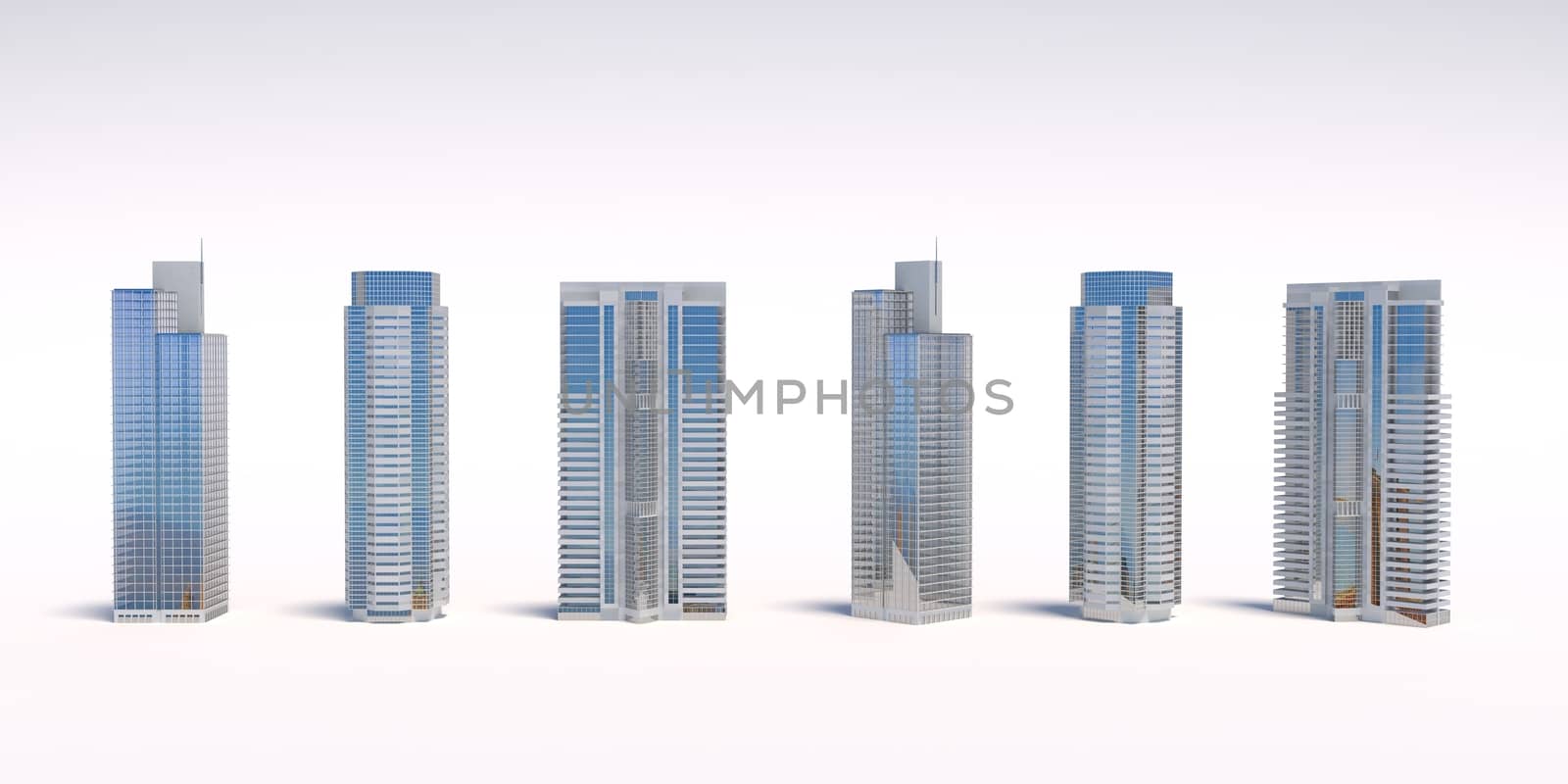 Set of different skyscraper buildings isolated on white. 3d illustration.