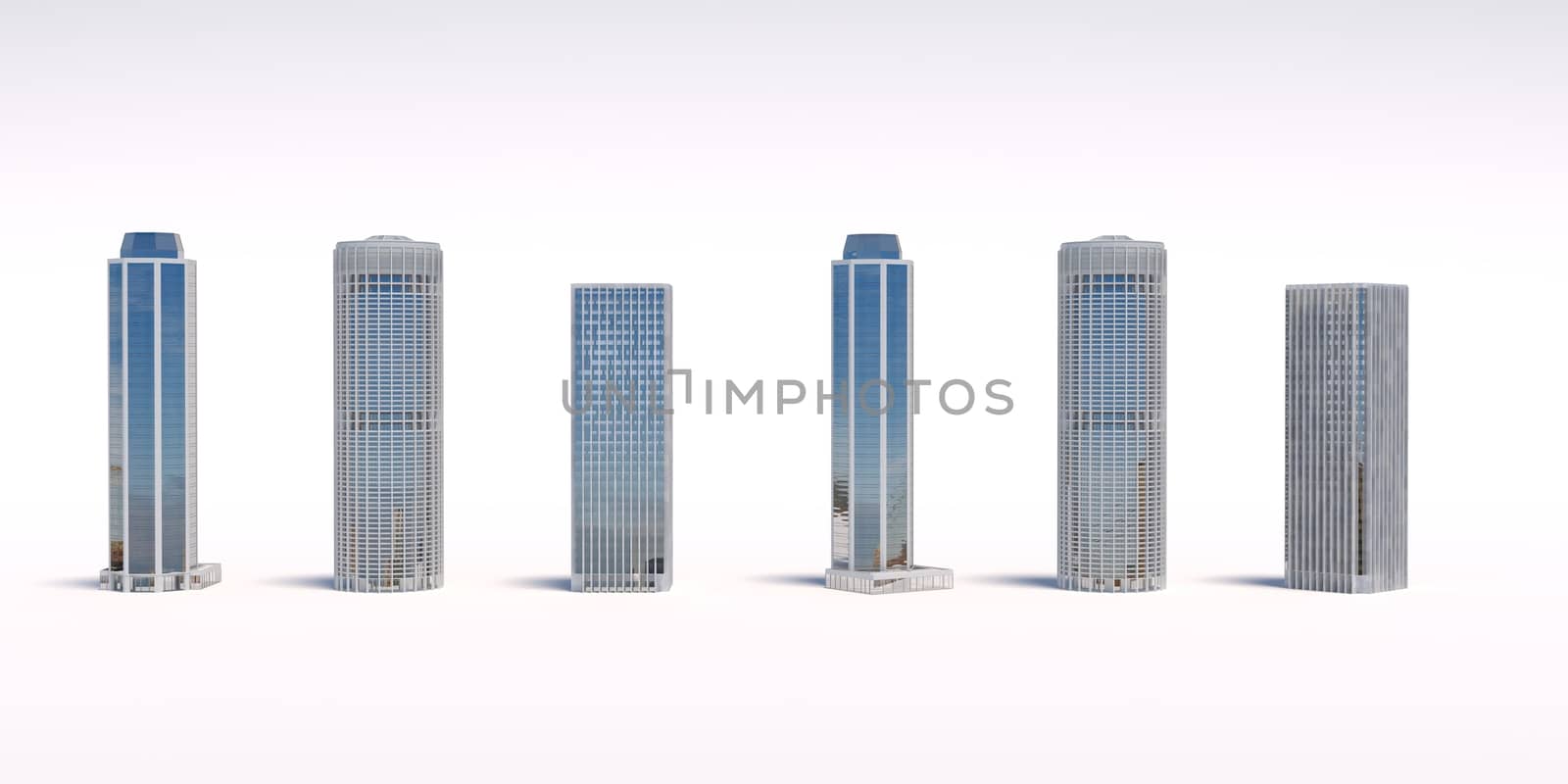 Set of different skyscraper buildings isolated on white. 3d illustration.