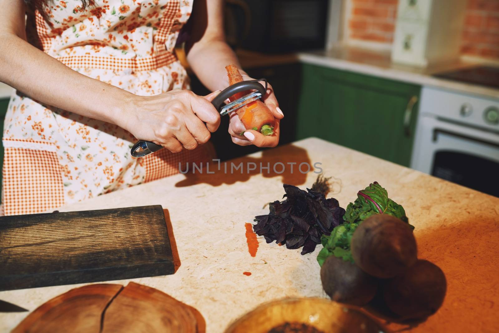 Staying at home woman preparing and cooking vegetarian food