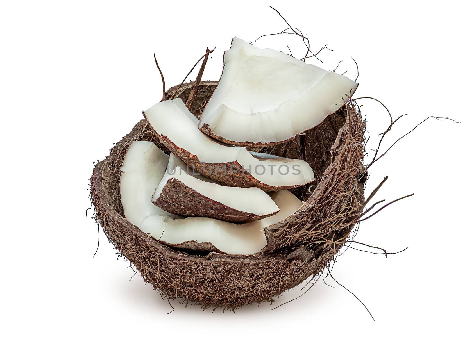 Coconut pulp in shell isolated on white background