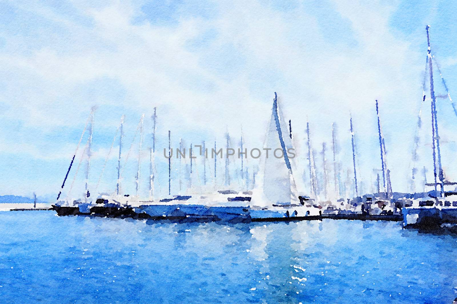 Watercolour Art Print, Yachts in the Blue Sea in Summer