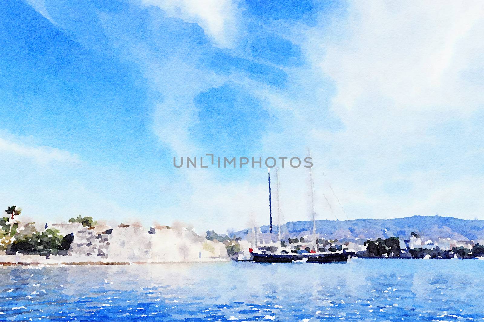 Watercolour Art Print, Yachts in the Blue Sea in Summer