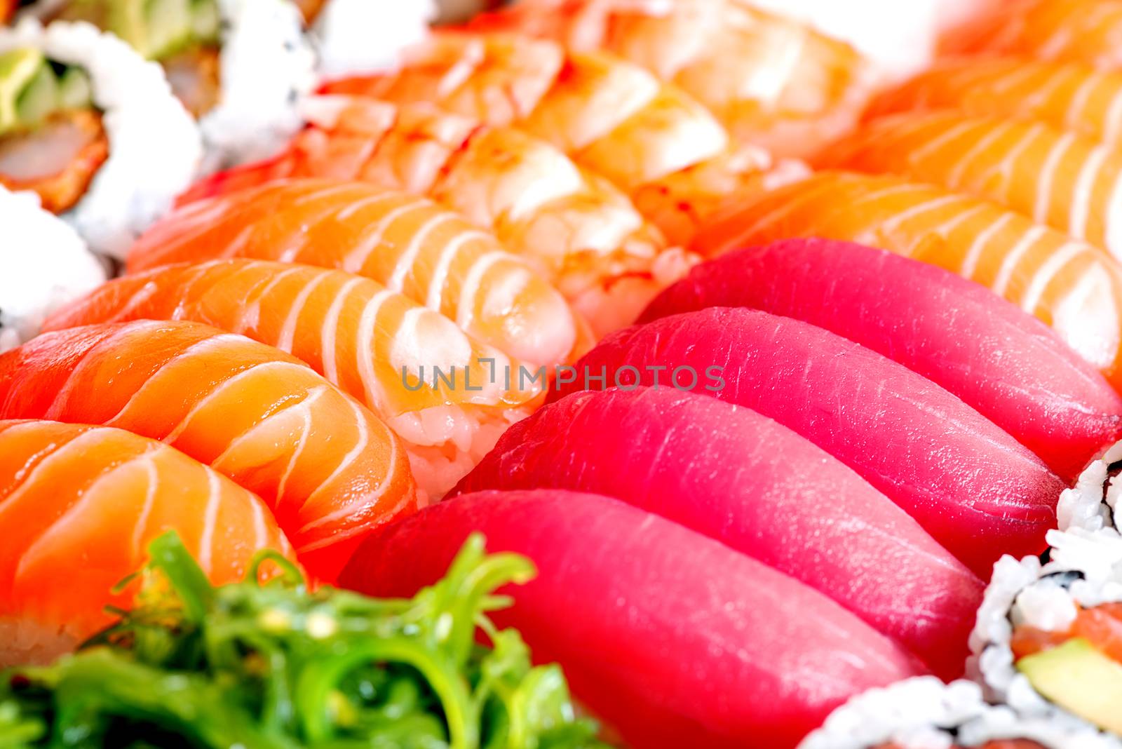 View on assorted sushi and nigiri set, traditional japan cuisine