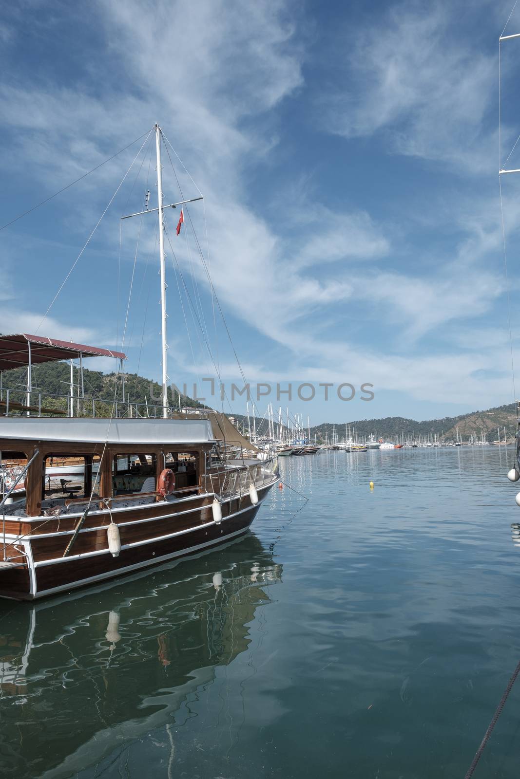 Fethiye Sailboat. Forest and beautiful sea in Mediterranean.