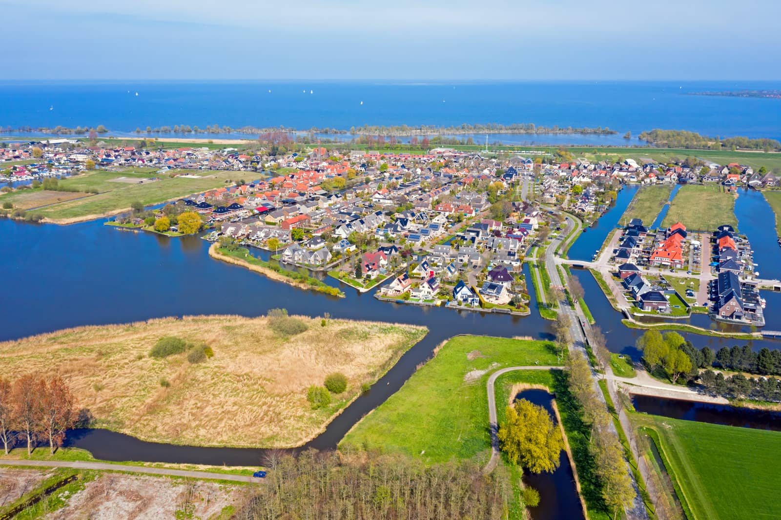 Aerial from the traditional village Werfershoof at the IJsselmeer in the Netherlands