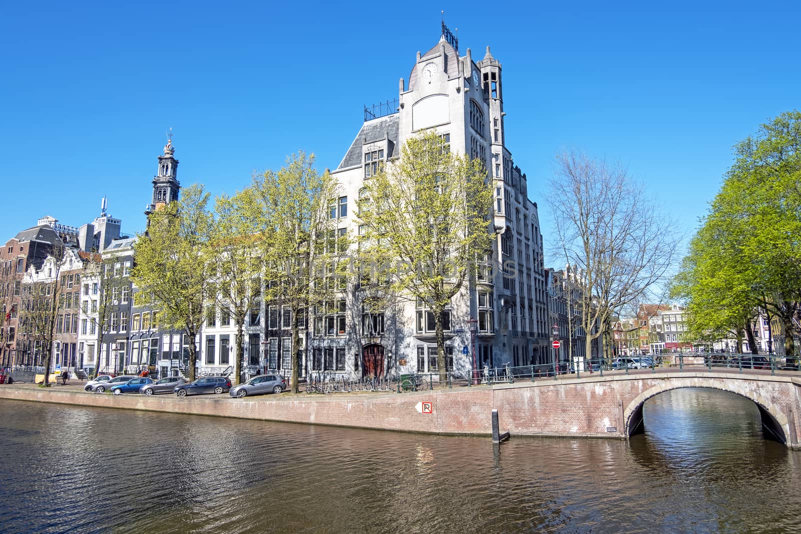 City scenic from Amsterdam in spring in the Netherlands with the Westerkerk